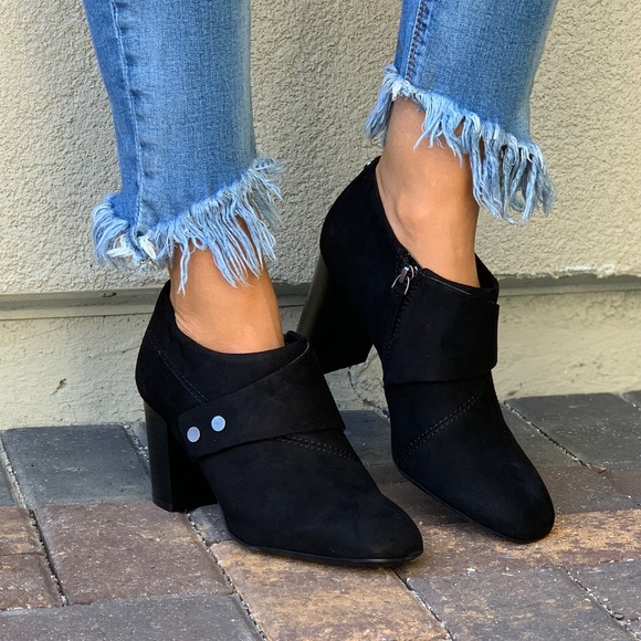 Pointy Toe Black Suede Low Profile Ankle Booties - Picture 2 of 8